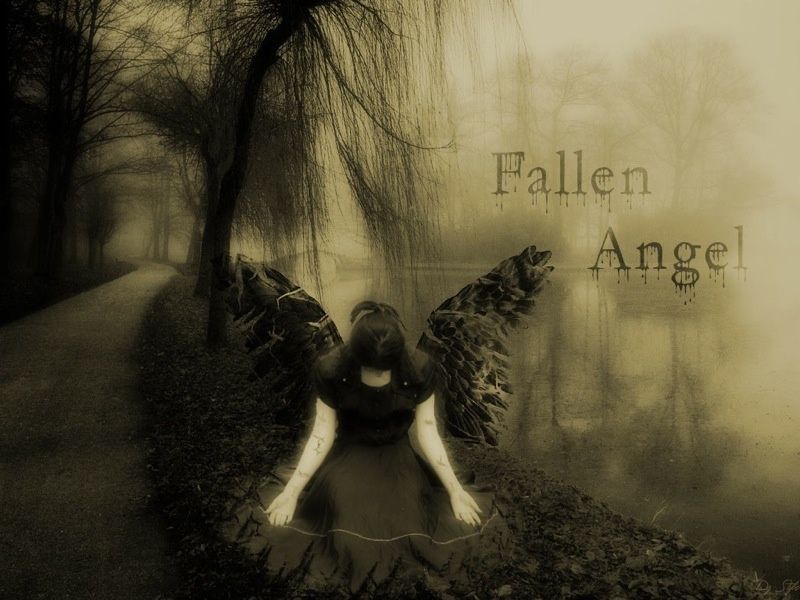 Geflügelte Gestalt kniet auf einem nebligen Waldweg, Schriftzug „Fallen Angel“