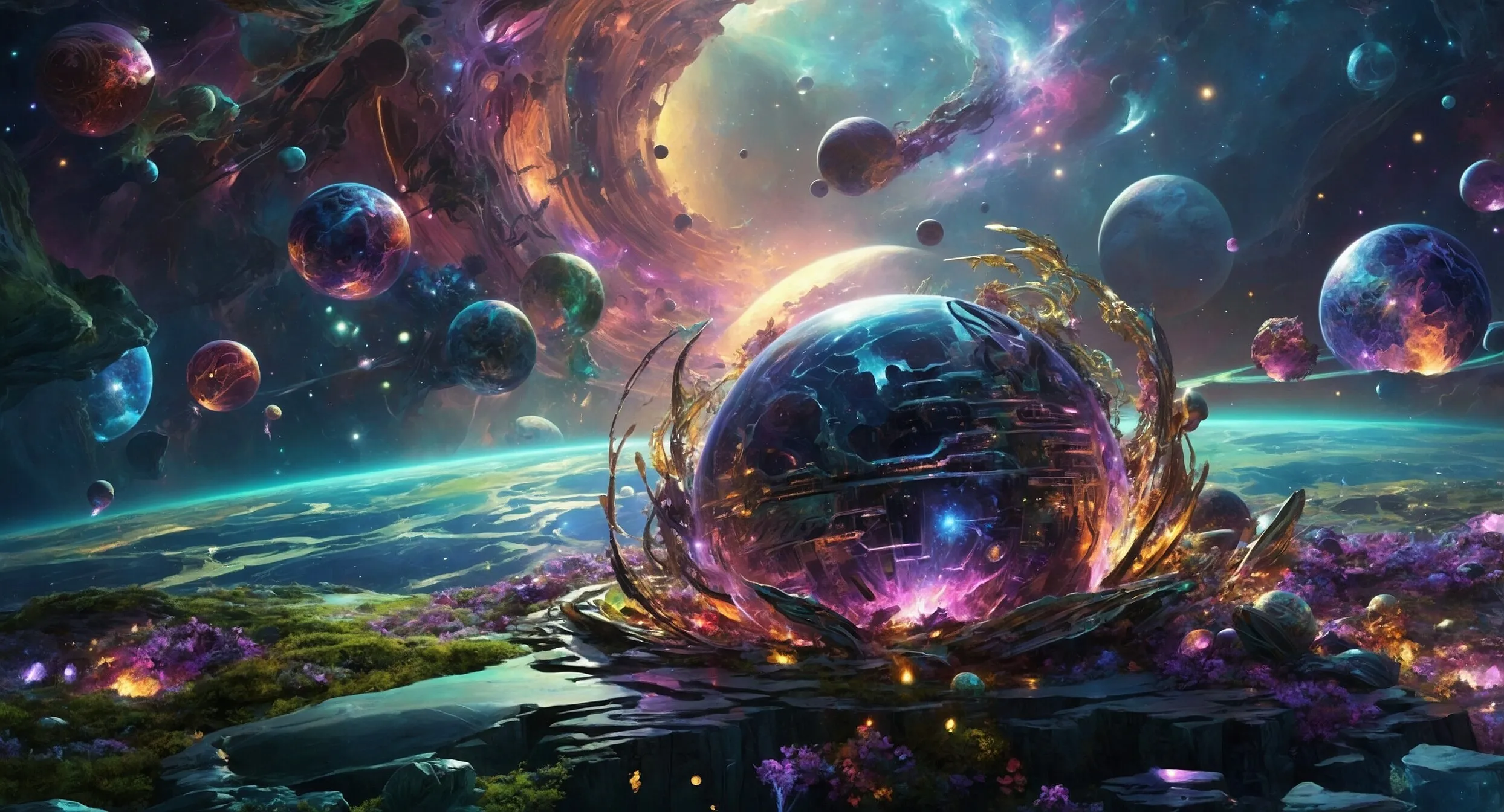 Leuchtende Kugeln und Planeten über einer Traumlandschaft
